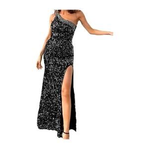 Mac Duggal One Shoulder High Slit Sequin Prom Evening Gown Black Size 2 NWT